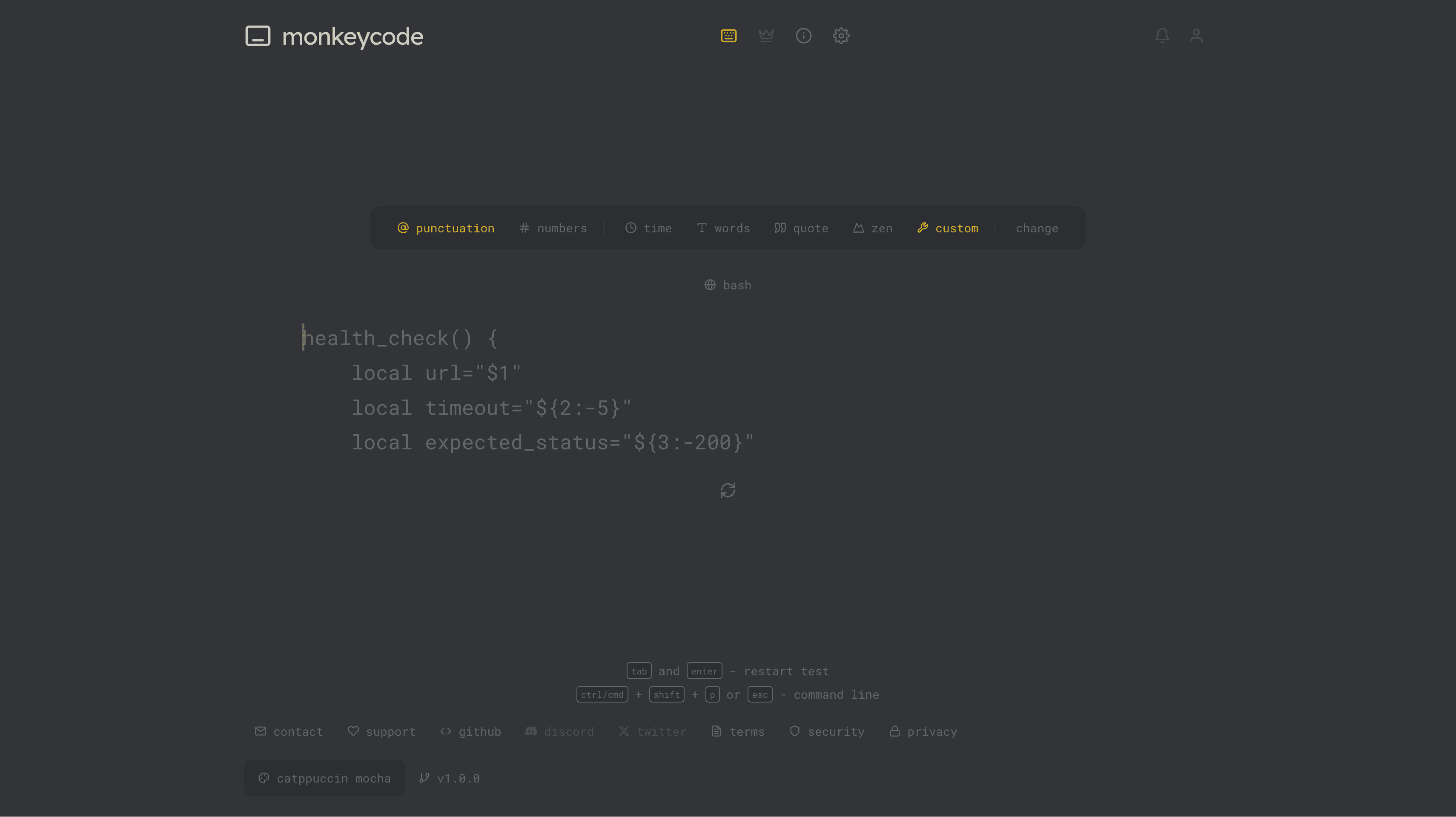 Aperçu du projet Monkeycode - Clone de Monkeytype adapté pour la frappe de code